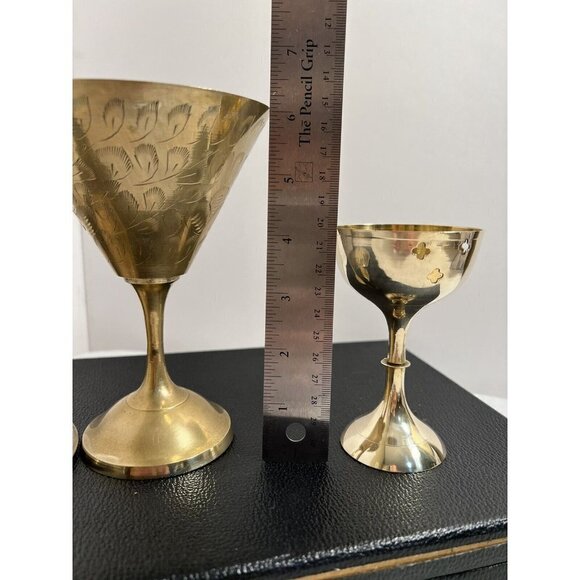 Lot of 2 Unique Hand Carved Brass Vintage  Cups Goblet Star Flower India - Picture 11 of 12